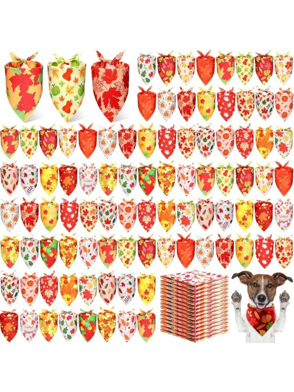 200 Pcs Fall Dog Bandanas - Autumn Pumpkin & Maple Leaves Patterns for Pets